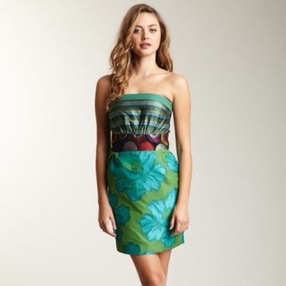 Desigual La Gardienne Green Floral Jacquard Strapless Cocktail Dress